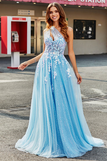 Light Blue A Line One Shoulder Long Tulle Formal Dress With Appliques